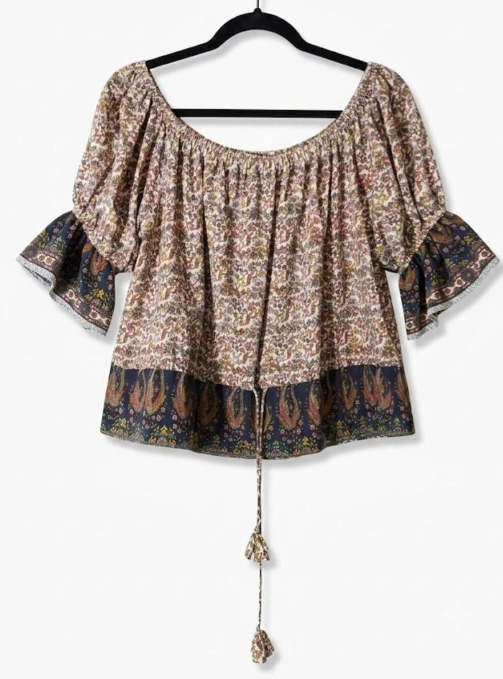 Misa los Angeles womens medium boho top paisley brown earthtone blouse viscose